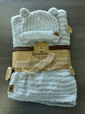 Bearpaw Blue Baby Blanket & Hat Set Chenille Sweater Knit Soft Cozy Ribbed NWT