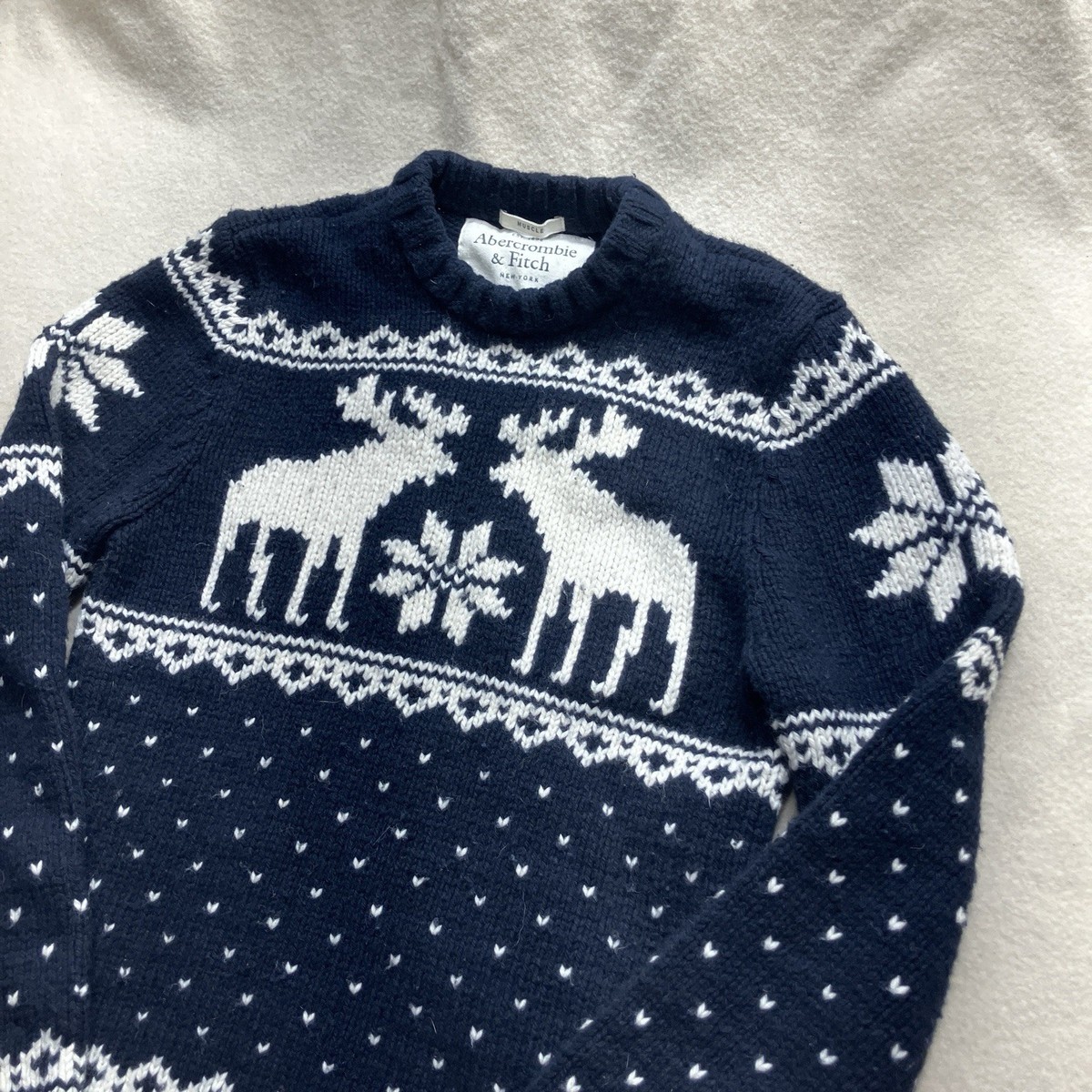 ABERCROMBIE & FITCH Y2K Wool Nordic Moose Sweater M Navy Blue