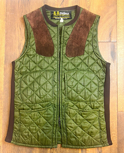 Barbour, Vintage 80s Barbour Quilted Shooting Gilet Waistcoat Suede Patches 2 Crest Green