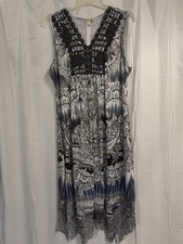 Maxi Summer Dress Lined Crocheted V Neck Black White with Ruffle Bottom Medium