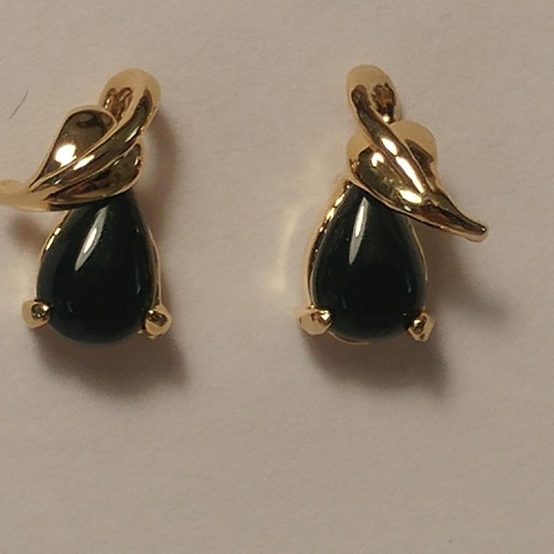 Black Onyx Earrings Teardrop Gold Leaf Pierced Earring Studs 1/4"