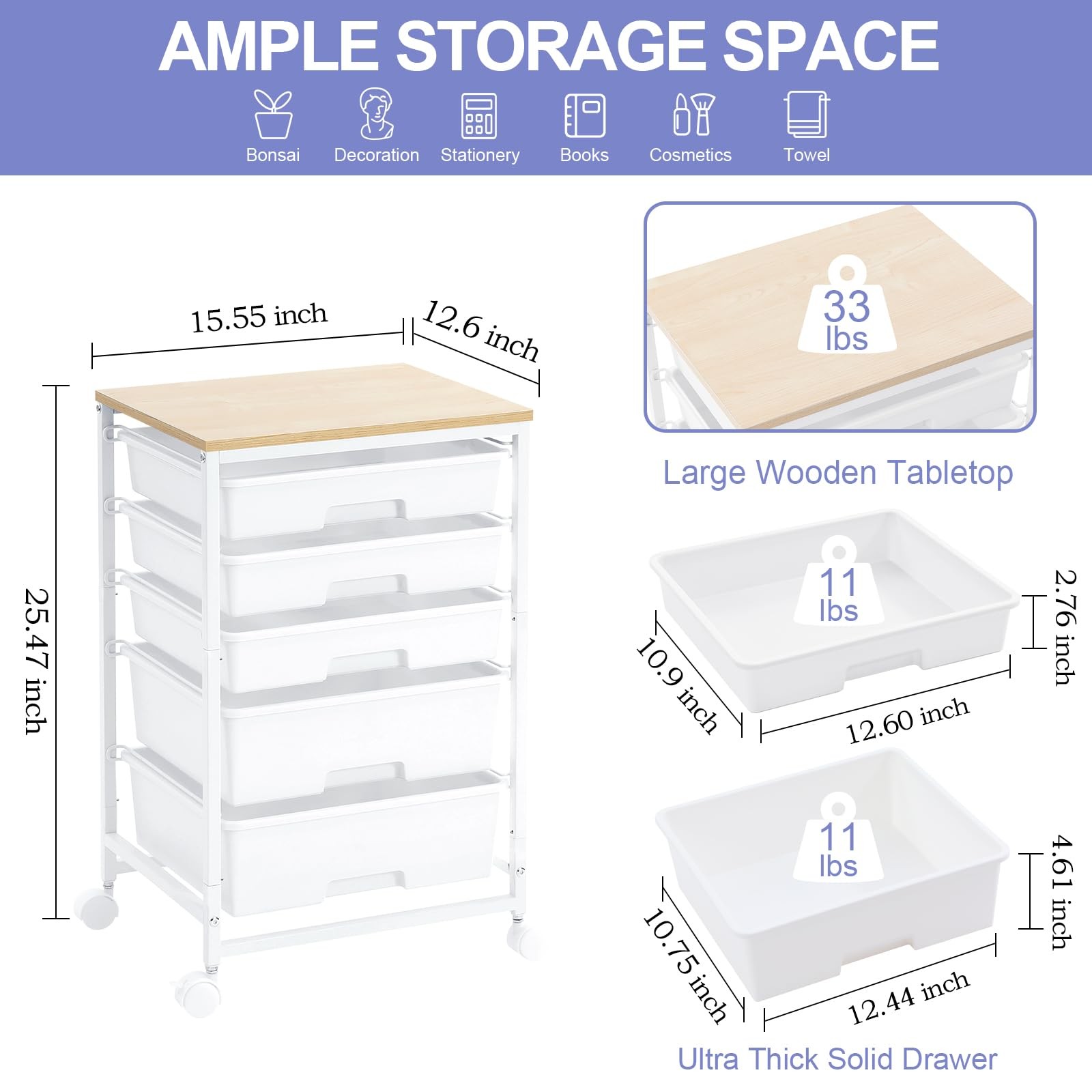 Utility Cart with 5 Drawers,Storage Drawer Cart with Wooden Tabletop and Lock...