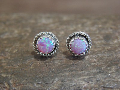 Native American Sterling Silver 1/4'' Round Pink Opal Post Earrings by White