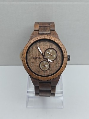 Bewell Black Walnut Wooden Watch Quartz Date Seconds Subdials Brown New Battery