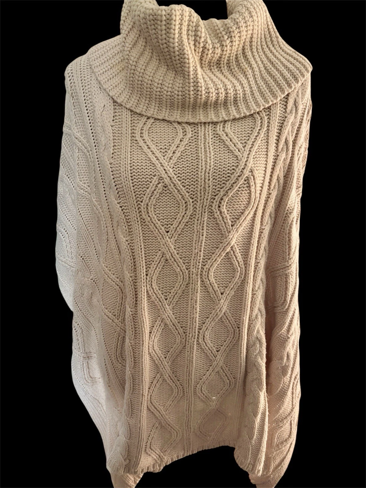 Chunky Cable Cowl Neck Poncho Sweater Ivory Knit XL, Country, Fisherman Preppy