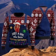 Ugly Christmas Sweater for Girls Who Love Xmas and Chickens, Funny Holiday