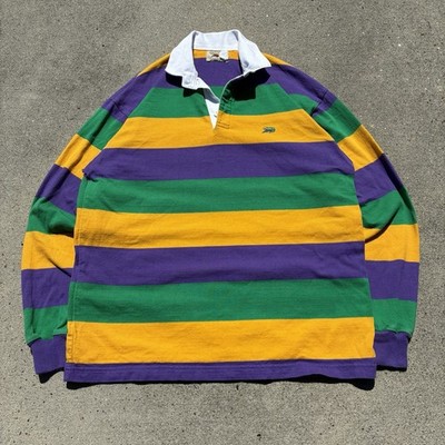 Perlis Mardi Gras Rugby Shirt Mens Medium Purple Green Gold Striped Made in USA