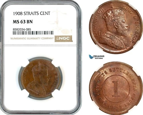 AL186, Straits Settlements, Edward VII, 1 Cent 1908, Calcutta Mint, NGC MS63BN