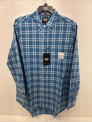 New Men s ELY Cattleman Blue Plaid Long Sleeve Pearl Button Up Large CC-19