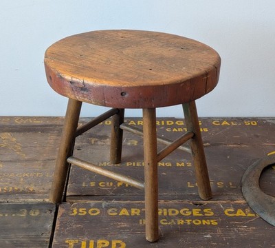 Antique 19th C. Primitive Round Wooden Milking Stool    Aged Patina 11'' 