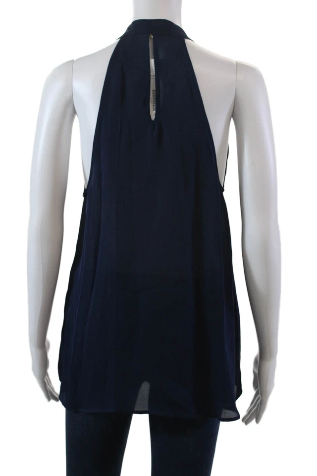 Top drapeado de seda Artelier Nicole Miller para mujer sin mangas cuello en V azul marino talla pequeña Foto 3 de 4