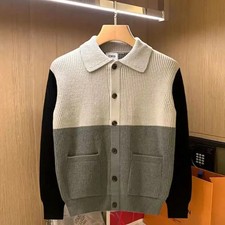 Men Knitted Polos Shirts Cardigan Vertical Stripe Long Sleeve Button Men's Tops