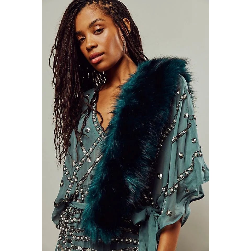 Emerald green plaid-lined faux fur collar scarf by Free People