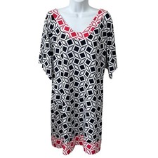 Tracy Negoshian Dress Size Large Shift Jersey Knit Stretch Navy Red Geo Print