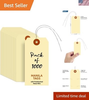 13pt Thick Blank Manila Tags with Wire - 1000 Count, Easy Write-On Surface