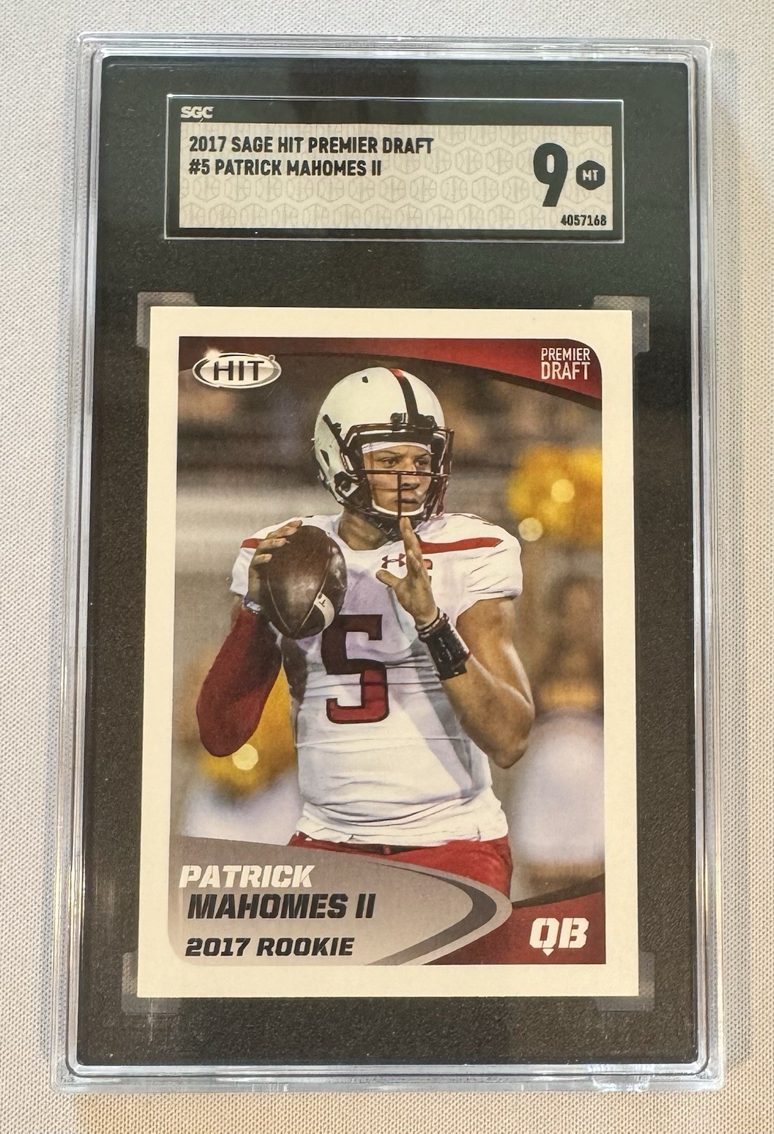 Patrick Mahomes II #5 Football Cards 2017 Sage Hit Premier Draft trading card — raw and PSA graded price guide