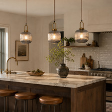 Gray Ribbed Glass Pendant Light Brass Hanging Lamp Kitchen Island Dining Room