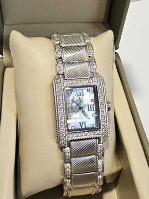 Judith Ripka Diamonique watch blue mother of pearl face CZ silver stainless