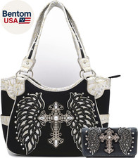 Western Style Rhinestone Cross Studded Laser Cut Wings Tooled Leather Purse Wome