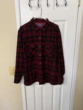 Vintage PENDLETON 100 Virgin Wool Red Black Plaid LOOP Collar Shirt XL