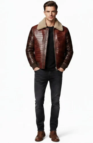 Men,s Real Crocodile Embossed Leather Jacket Shearling Collar Bomber Coat Brown. image 10