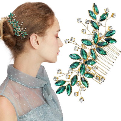 Green Crystal Bride Wedding Hair Side Comb Green Leaf  display picture 2