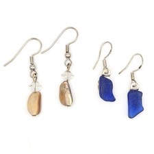 Sterling Silver 925 Cobalt Blue Sea Glass and Shell Crystal Dangle Earring Set