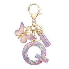 Alphabet Initial Letter Q Keychain, Cute Tassel Butterfly Key Chain, Purple