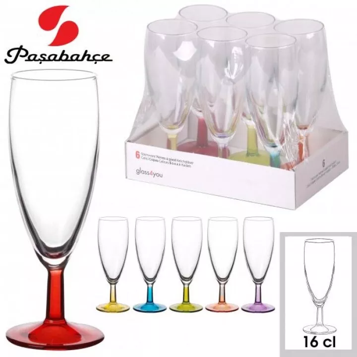 Set of 6 Champagne Glasses Flutes Wine Coloured Stem Gift Party 155ml Glass 16cl