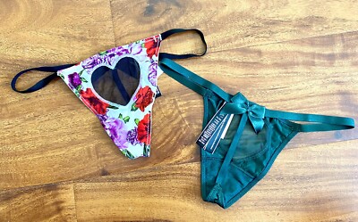 VICTORIA SECRET XS LOT 2 V STRING VERY SEXY CUTOUT HEART PANTY FLORAL, GREEN NWT