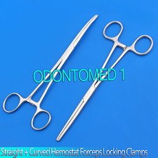2pc Set 8" Straight  Curved Hemostat Forceps Locking Clamps Stainless Steel