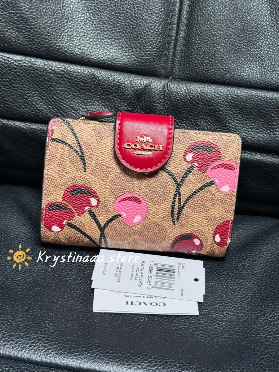 Coach Medium Corner Zip Wallet In Signature Canvas With Cherry