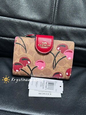 Coach Medium Corner Zip Wallet In Signature Canvas With Cherry