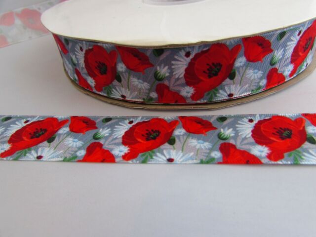 25mm Polyester Satin Finish Grey Red Poppy Flower Ribbon in 2m 5m 10m and 20m