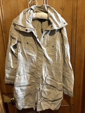 Long Beige Hooded Parka Style Coat Jacket Drawstring Hem Fitted Waist New