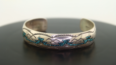 Navajo Bracelet 925 Silver Inlaid Turquoise Cuff Artist Signed