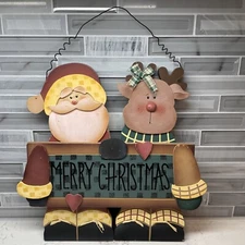Wooden MERRY CHRISTMAS plaque - Santa, Reindeer Wood holiday sign wall decor