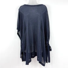 J Jill Poncho Women's Navy OS Linen Blend Tunic Knit Side Tie Lagenlook Beachy