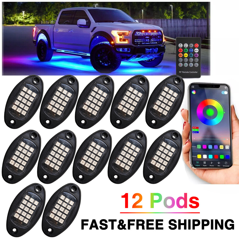 12 Pods RGB LED Rock Lights Kit Offroad Truck Underbody Neon Music Bluetooth APP