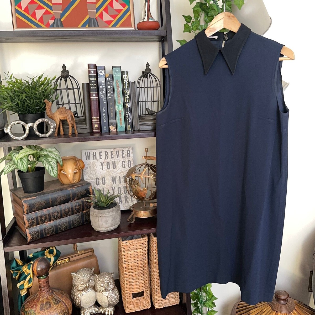MIU MIU Peter Pan Pointed Collar Mini Shift Dress Navy Blue Black 