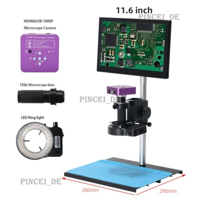 51MP Digital Microscope Camera w/ 150X C Mount Lens 11.6'' LCD Metal Stand