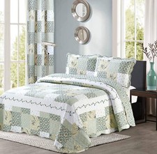 New Reversible 3pc Floral Patchwork Bedspread/Quilt Set in Blue/Green