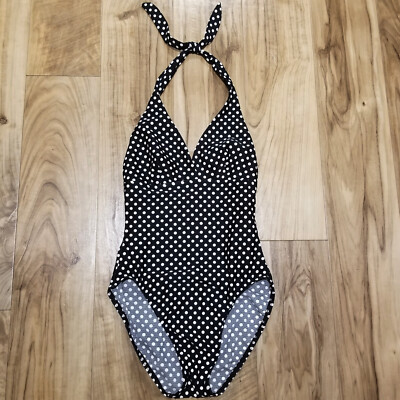 Vtg 90s INC Polka Dot One Piece Swimsuit 6 Halter Pinup French High Cut Leg USA