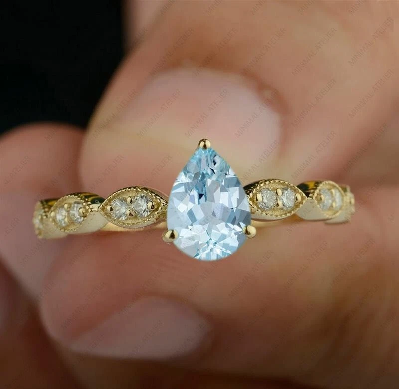 Anel de água-marinha e moissanita corte pera, prata 925 folheado a ouro presente para casamento - Imagem 4 de 4