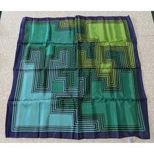 Vintage 70s Water Repellent Rain Scarf Geometric Green Blue Made in Japan 26"