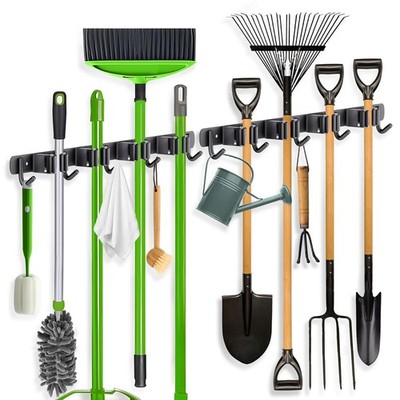 Broom Holder Wall Mount 4 Racks 5 Hooks Stainless Steel Black 2 Pack