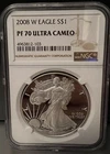 2008 W American SILVER EAGLE NGC PF70 ULTRA CAMEO Perfect Grade - Mirror Finish!