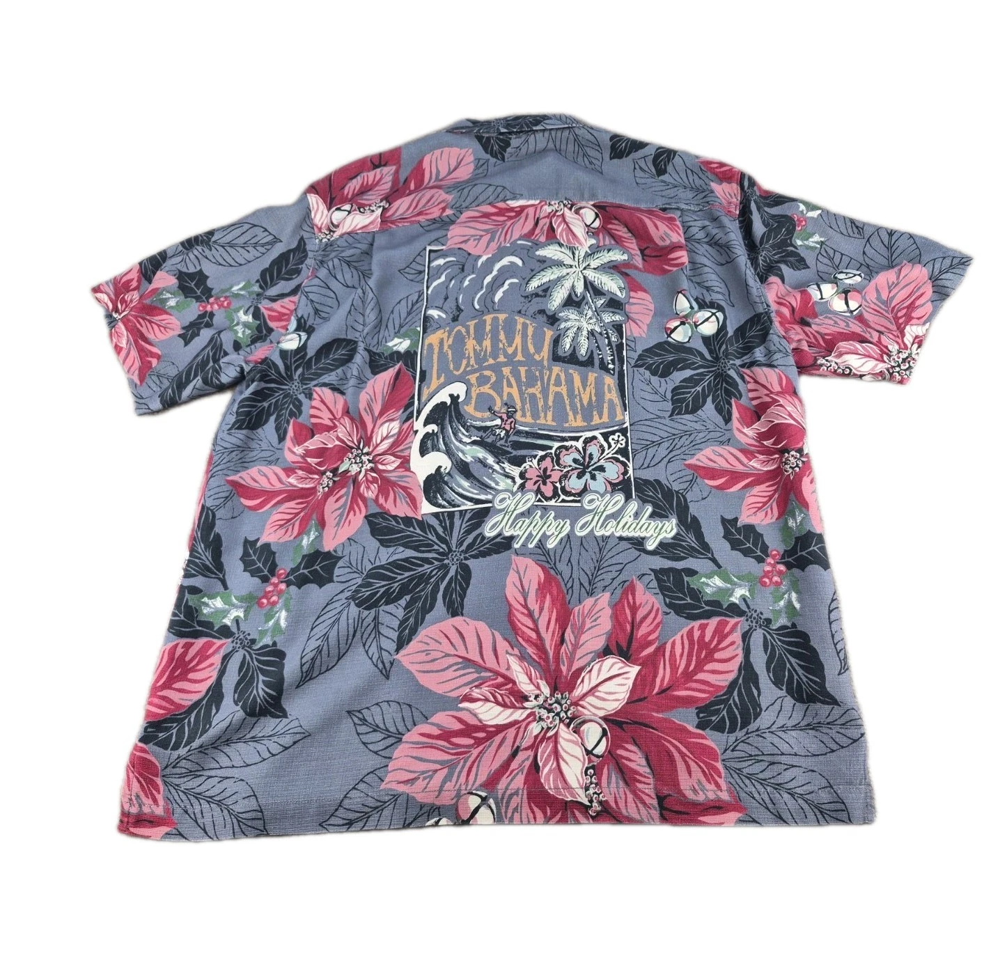 Tommy Bahama "Happy Holidays" Hawaiian Shirt Men Sz L Multicolor Silk Floral