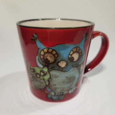 Red Ceramic Owl Coffee Mug Mama & Baby Owl 16oz Stoneware Cup Retro