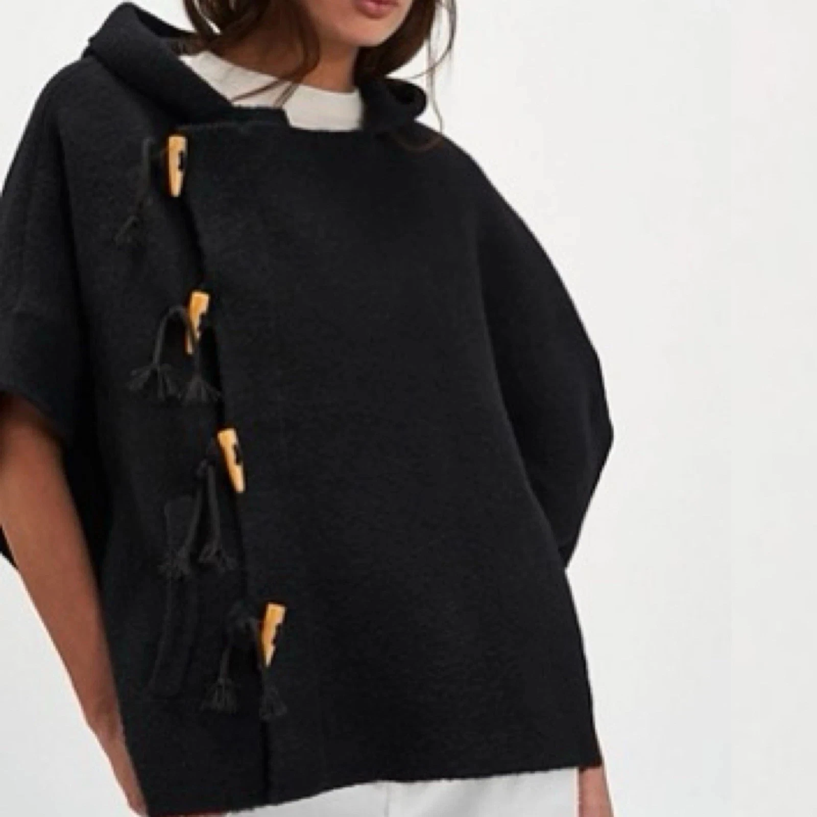 Free People Toggle Poncho Hooded Felted Jacket In Black One Size